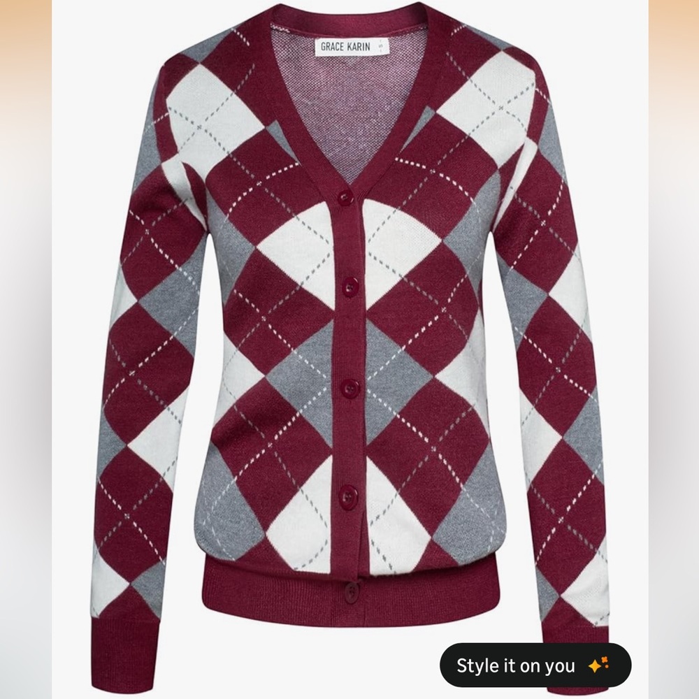 Grace Karin Burgundy Argyle V-Neck Button Cardigan
